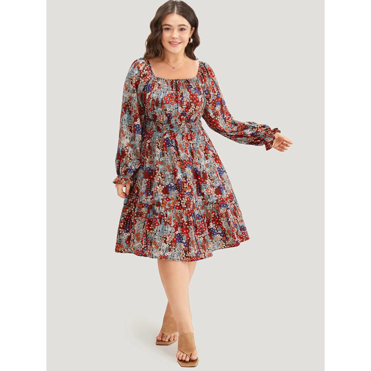 Plus Size Floral Print Shirred Square Neck Ruffle Dress Multicolor Women Elegant Elastic cuffs Square Neck Long Sleeve Curvy Midi Dress BloomChic 10/M Product Image
