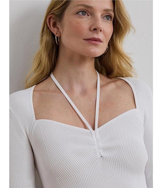 Lauren Ralph Lauren Rib-Knit Halter Sweetheart Neck Long Sleeve Slim Fit Sweater Product Image