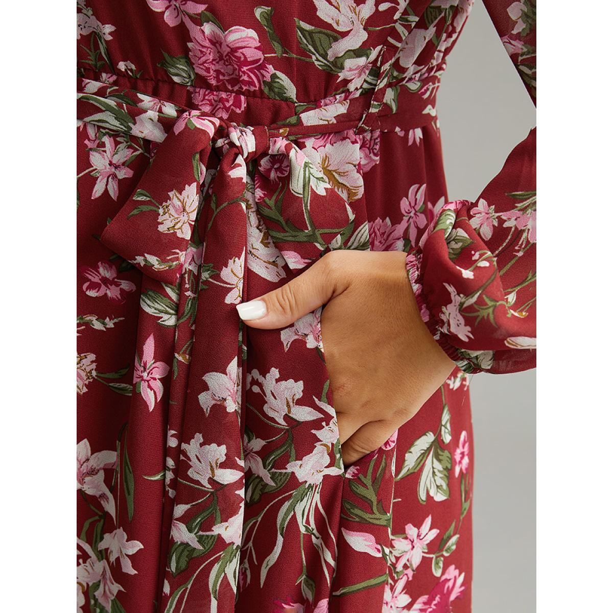 Plus Size Floral Print Belted Patchwork Gathered Dress Scarlet Women Elegant Elastic cuffs Round Neck Long Sleeve Curvy Midi Dress BloomChic 28/5X Product Image