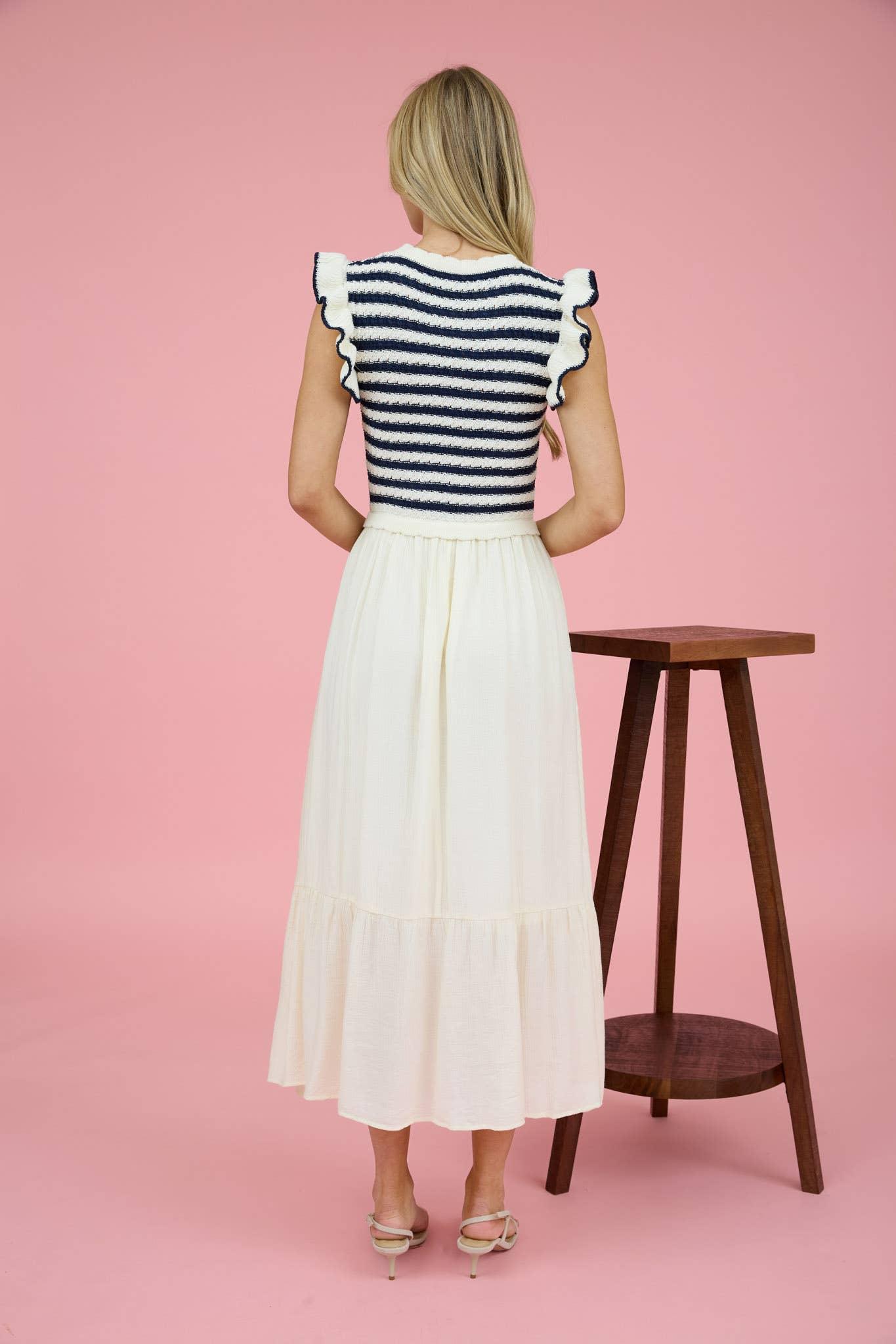 STRIPE SWEATER TOP MIXED MEDIA MIDI DRESS: NAVY Product Image