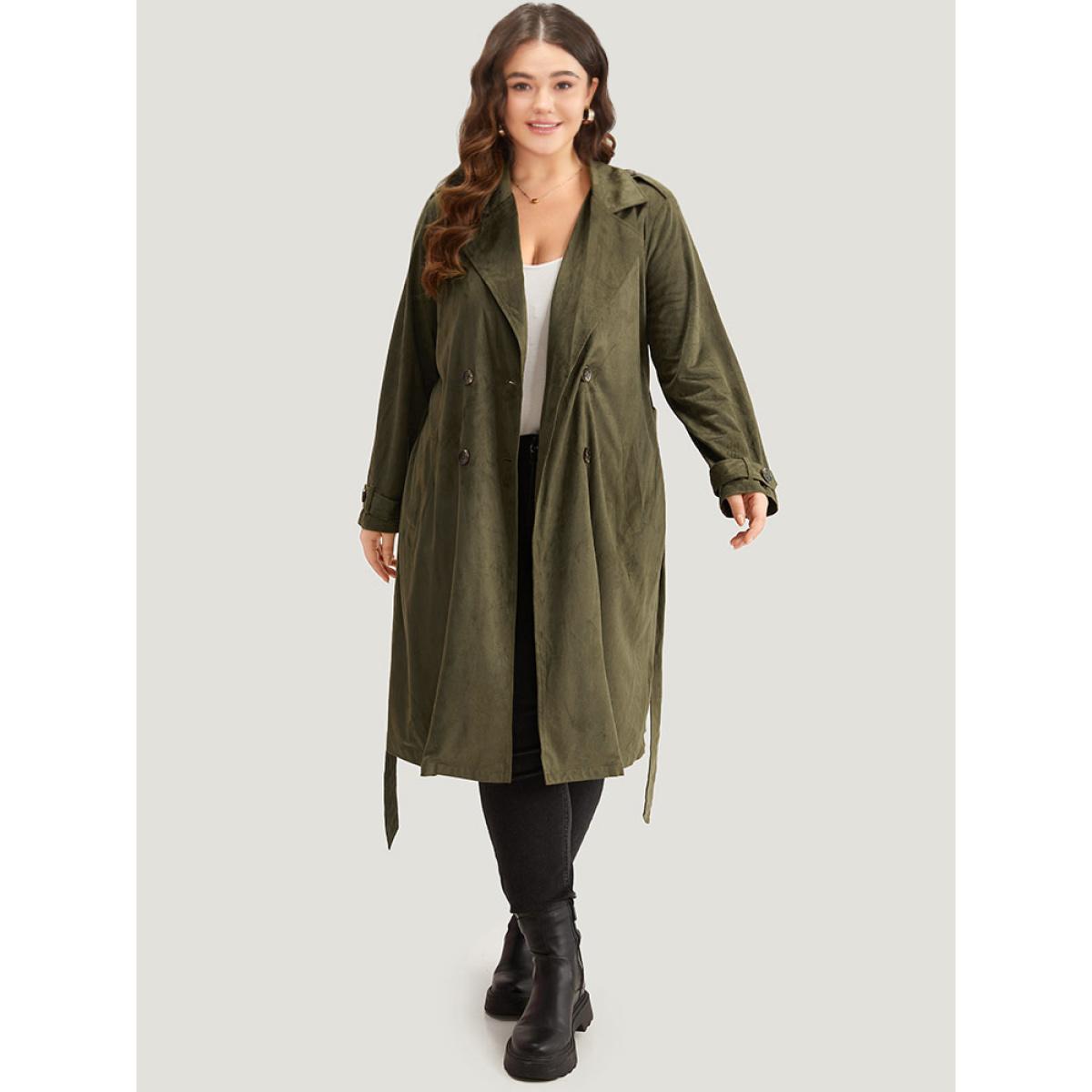 Plus Size Plain Lapel Collar Pocket Belted Faux Suede Coat Women ArmyGreen Casual Plain Ladies Dailywear Winter Coats BloomChic 14-16/1X Product Image