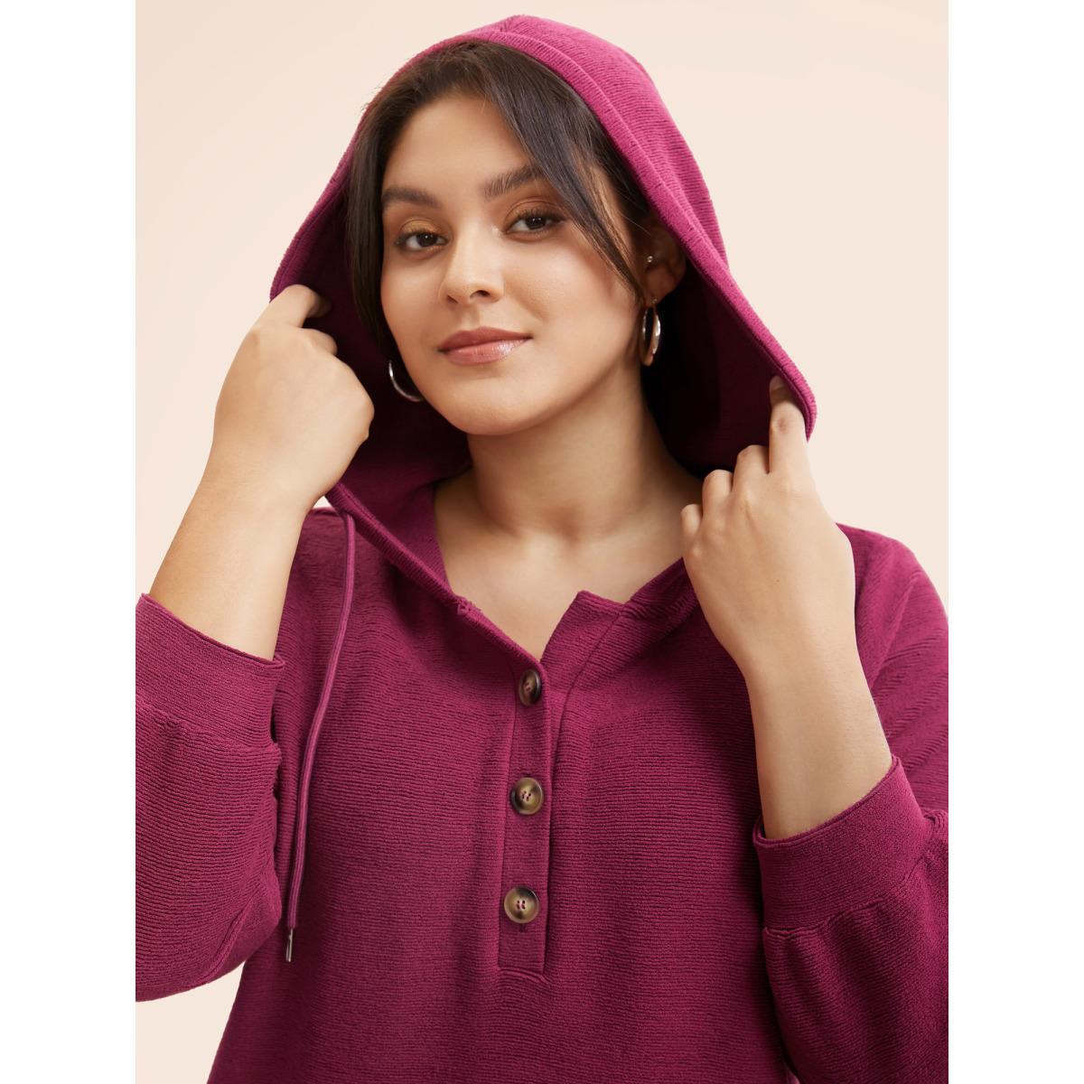 Plus Size Solid Button Up Hooded Drawstring Sweatshirt Women RedViolet Casual Texture Hooded Everyday Sweatshirts BloomChic 30/6X Product Image