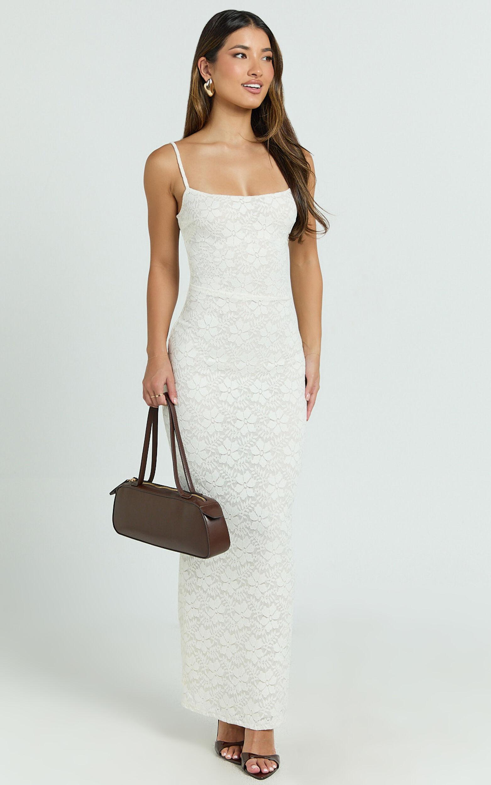 Carly Maxi Dress - Stretch Lace Scoop Neck Dress in Off White Product Image