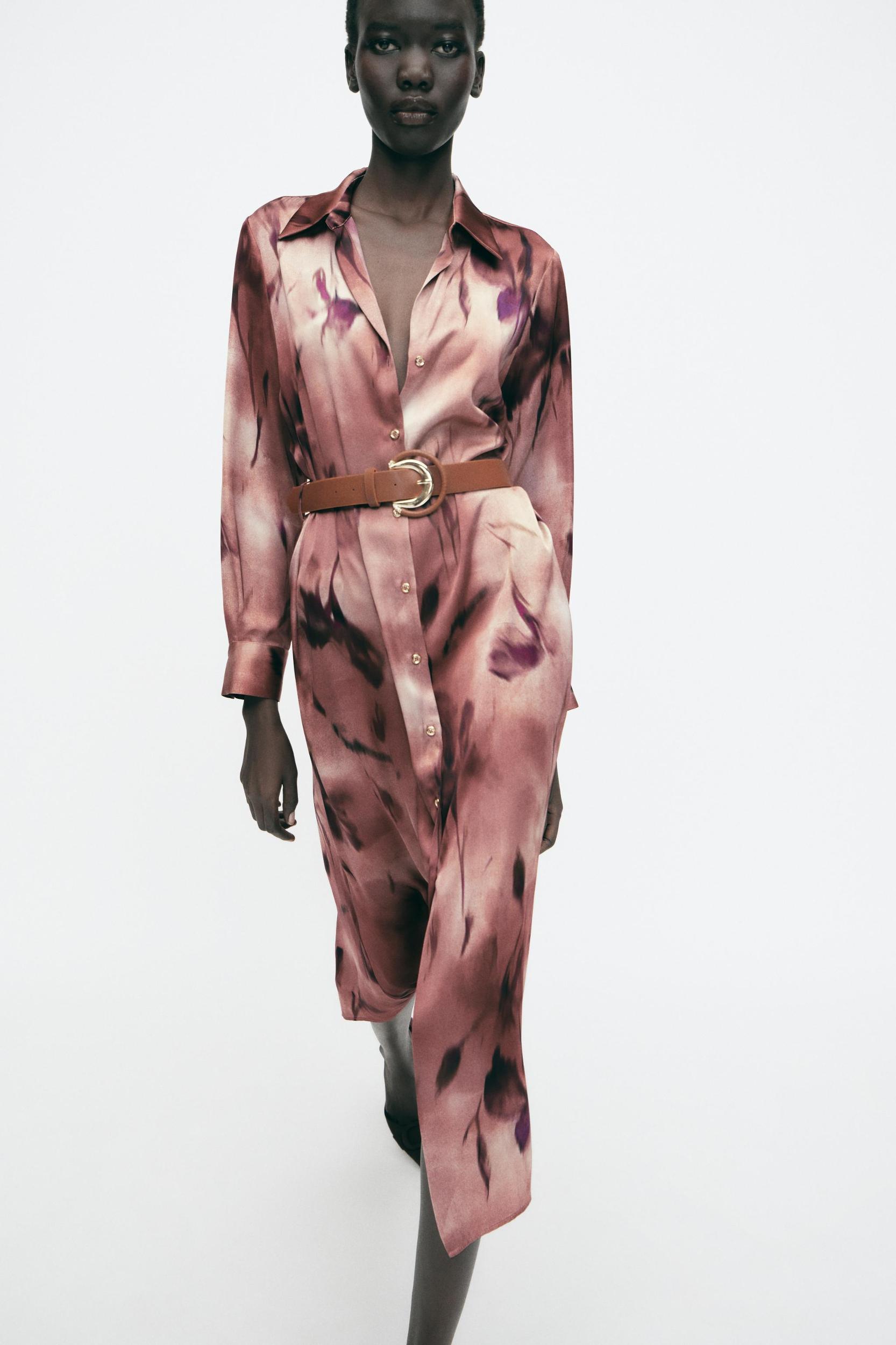 PRINTED SATIN MIDI DRESS WITH BELT Product Image