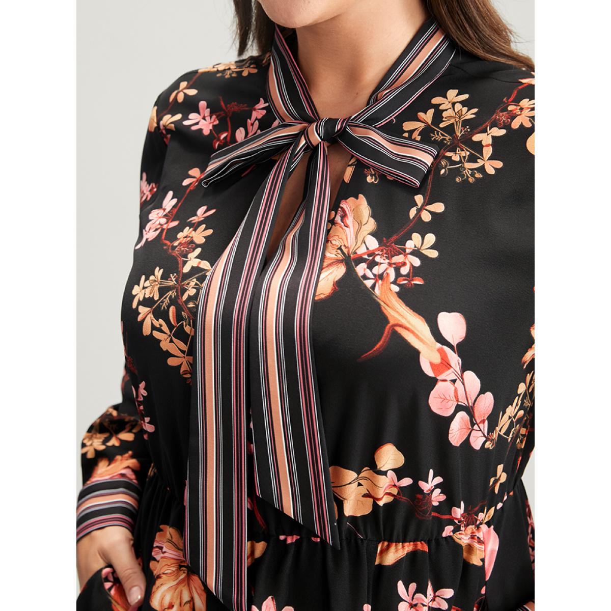 Plus Size Floral Keyhole Pocket Knotted Neck Split Dress Black Women Elegant Knotted Tie Neck Long Sleeve Curvy Long Dress BloomChic 14-16/1X Product Image