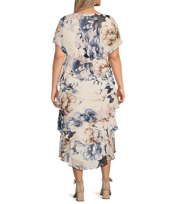 Ignite Evenings Plus Size Chiffon Embellished Shoulder Cap Sleeve Crew Neck Floral Tiered Midi Dress Product Image
