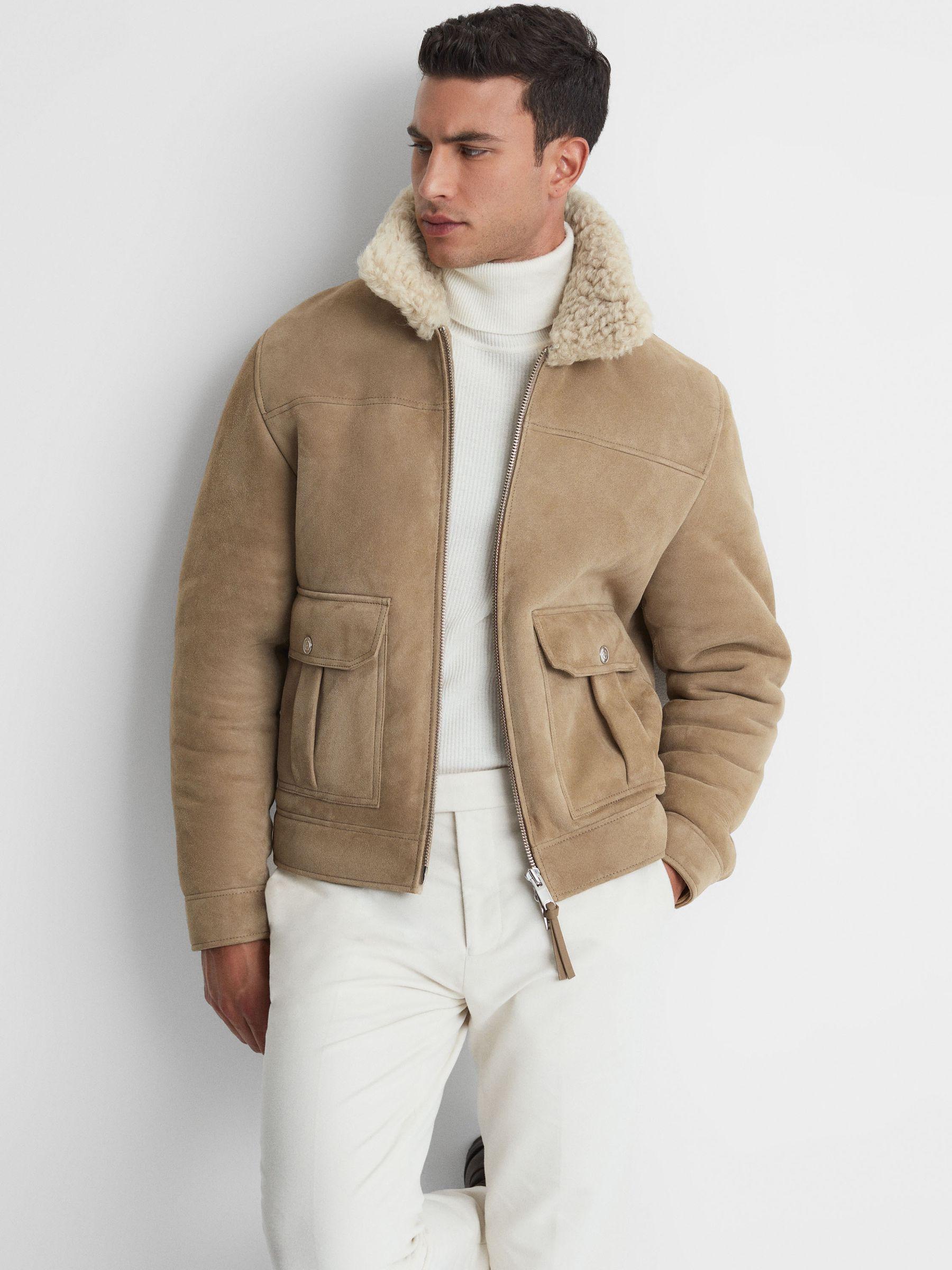 Suede Sheepskin Zip-Through Jacket in Stone Product Image