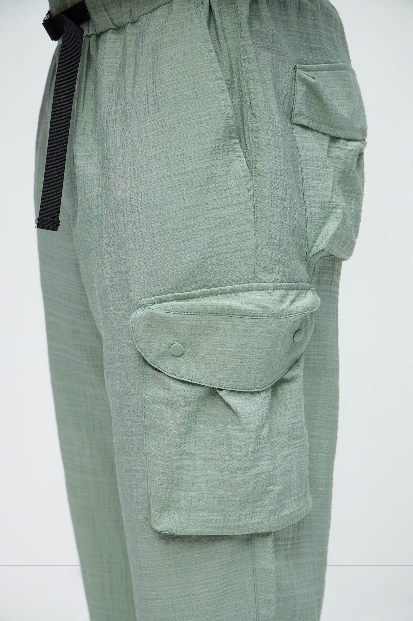 Crinkle Texture Belted Pants - Sage Product Image