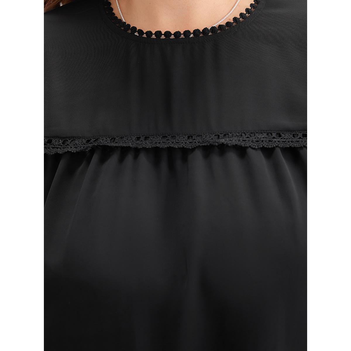 Plus Size Black Anti-Wrinkle Pompom Trim Guipure Lace Keyhole Blouse Women Office Long Sleeve Round Neck Dailywear Blouses BloomChic 18-20/2X Product Image