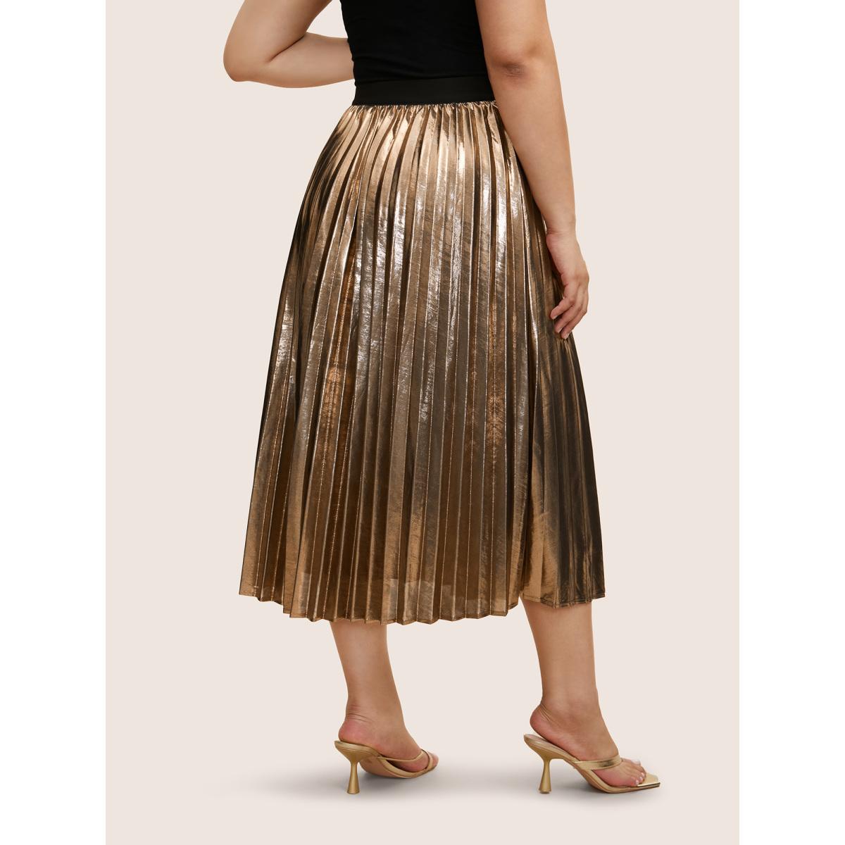 Plus Size Glitter Metallic Luster Knitted Pleated Skirt Women Champagne Cocktail Pleated No stretch Party Skirts BloomChic 12/L Product Image