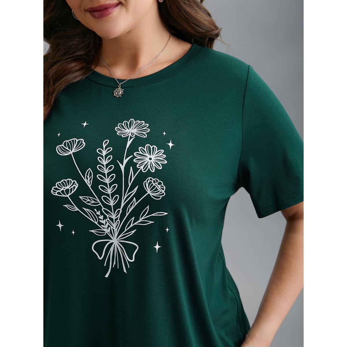 Plus Size Floral Motif Round Neck Fitted T-Shirt DarkGreen Women Casual Non Natural Flowers Round Neck Everyday T-shirts BloomChic 14-16/1X Product Image