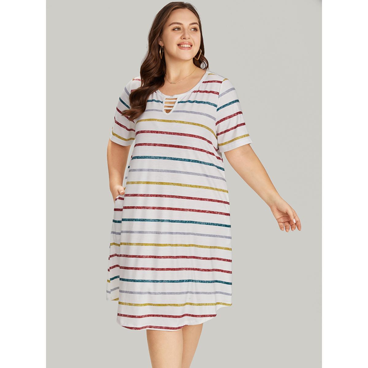 Plus Size Colour Striped Print Pocket Keyhole Arc Hem Dress Multicolor Women Casual Arc Hem Keyhole Cut-Out Short sleeve Curvy Knee Dress BloomChic 10/M Product Image