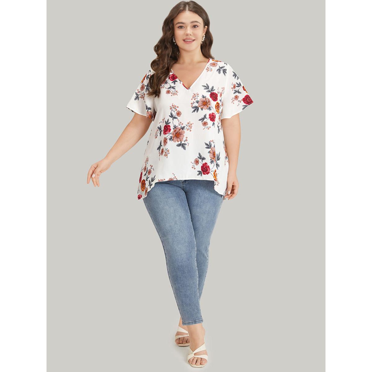 Plus Size White Floral Print High Low Hem Flutter Blouse Women Elegant Short sleeve V-neck Dailywear Blouses BloomChic 10/M Product Image