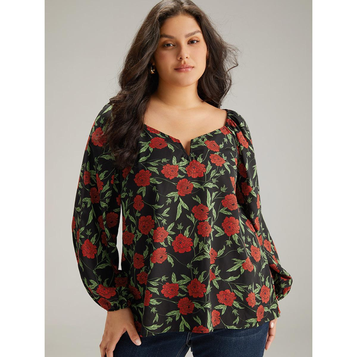 Plus Size BlackFlower Floral Print Notched Lantern Sleeve Blouse Women Elegant Long Sleeve Square Neck Dailywear Blouses BloomChic 10/M Product Image
