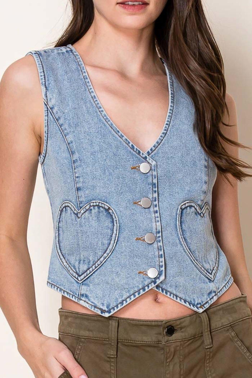 Washed Denim Fitted Vest with Heart Pockets Product Image