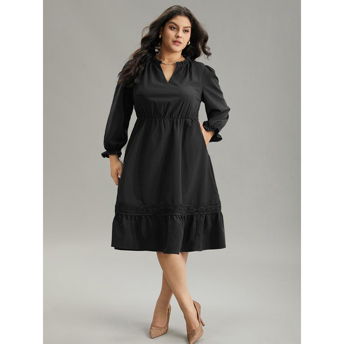 Plus Size Solid Frill Trim Guipure Lace Flutter Sleeve Dress Black Women At the Office Plain Notched collar Long Sleeve Curvy Midi Dress BloomChic 10/M Product Image