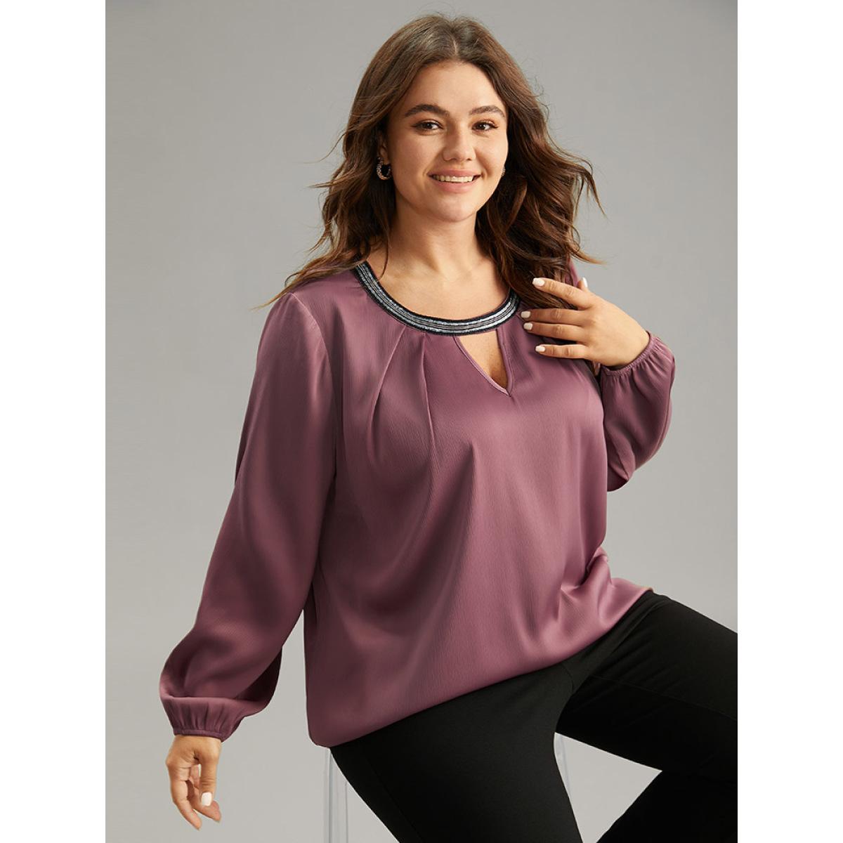 Plus Size DustyPink Static-Free Keyhole Pleated Contrast Webbing Blouse Women Office Long Sleeve Keyhole Cut-Out Office Blouses BloomChic 28/5X Product Image