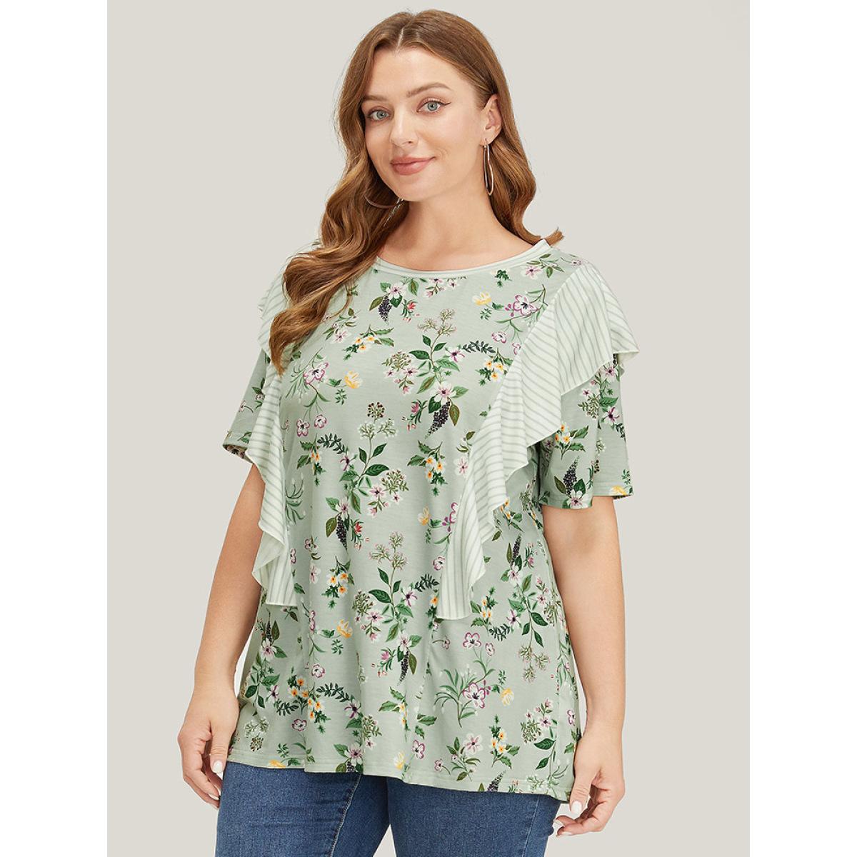 Plus Size Floral Patchwork Round Neck Striped Ruffle Trim T-shirt SpringGreen Women Elegant Striped Round Neck Dailywear T-shirts BloomChic 28/5X Product Image
