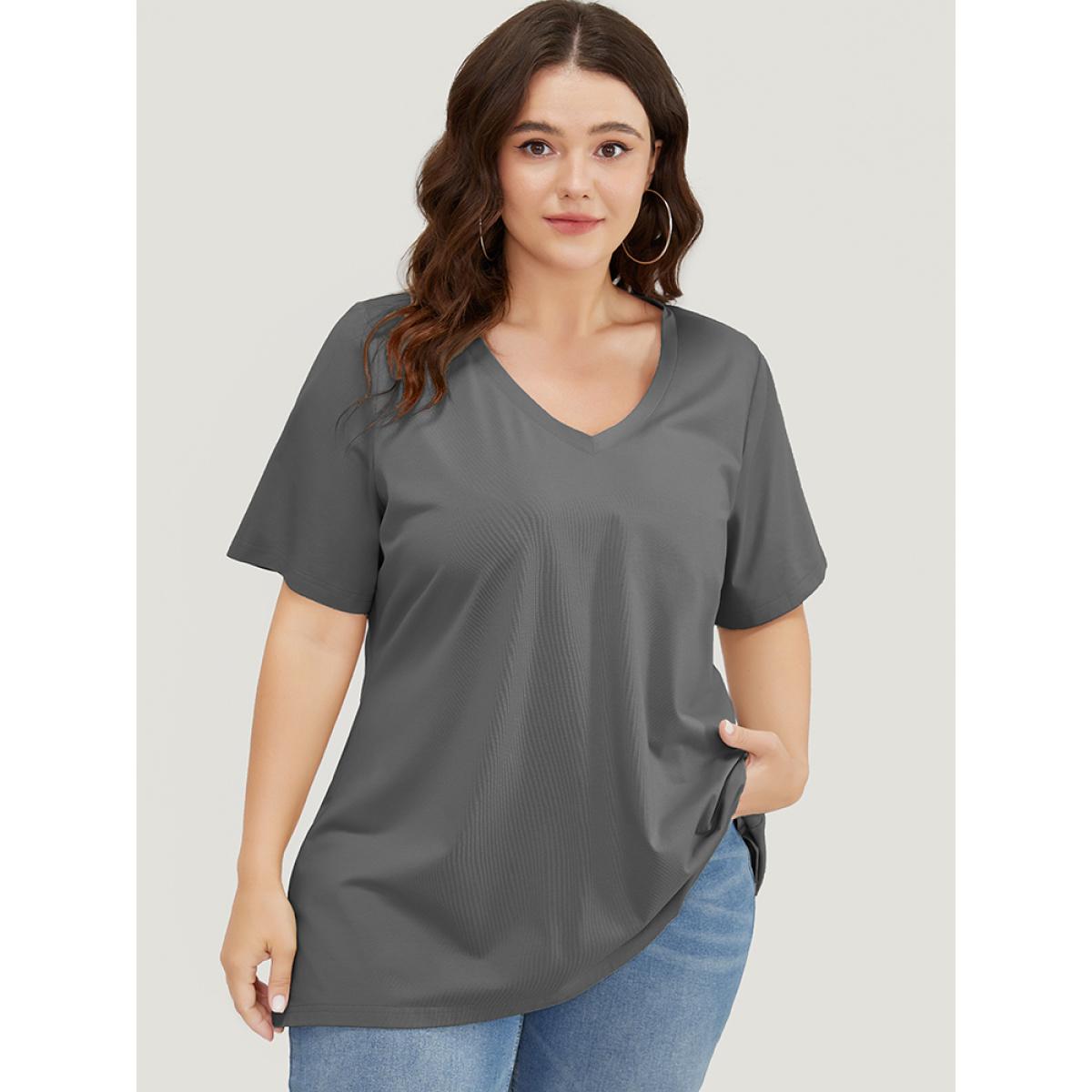 Plus Size UltraCool V Neck Slightly Stretchy T-shirt Gray Women Basics Plain V-neck Dailywear T-shirts BloomChic 30/6X Product Image