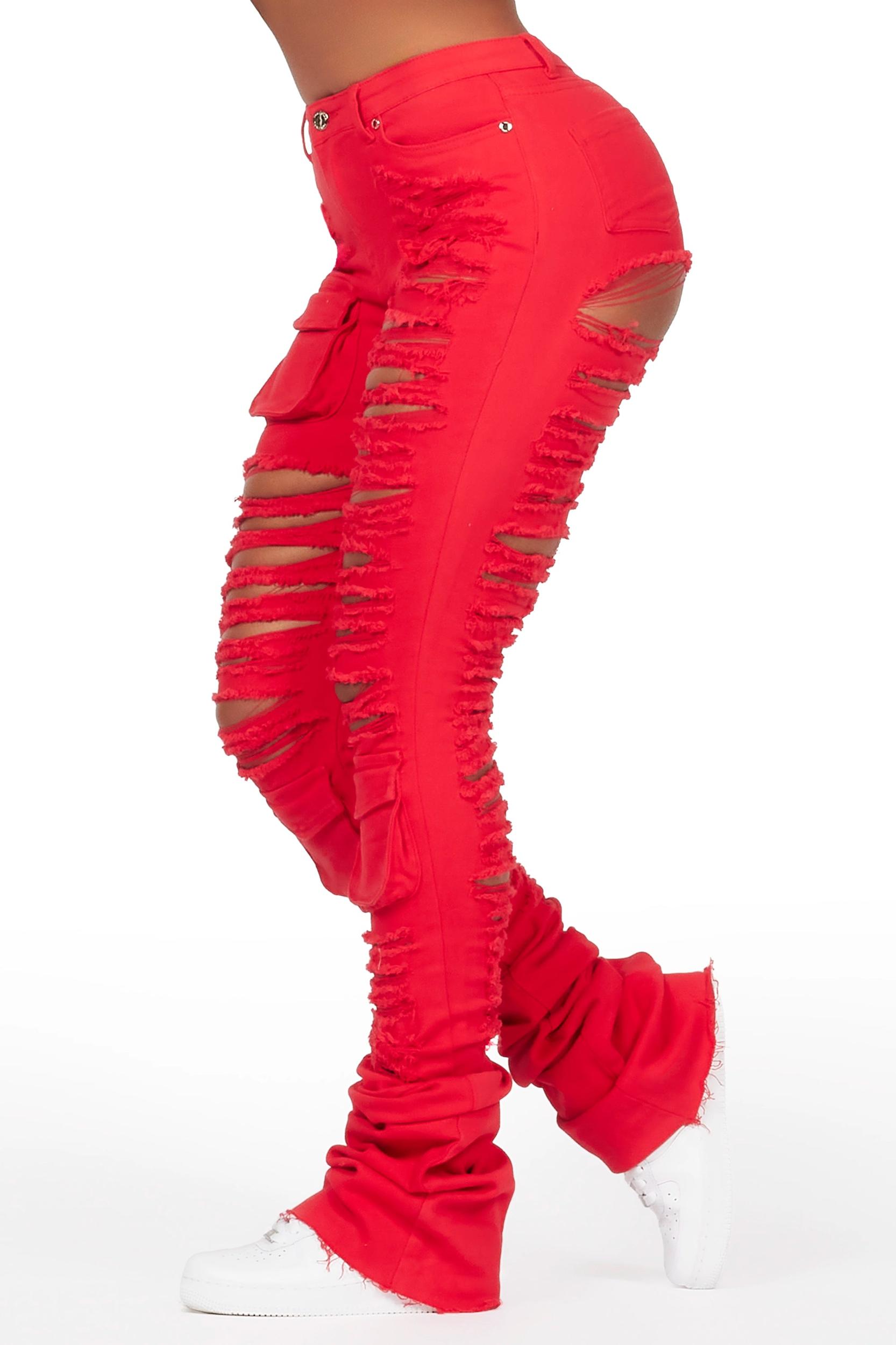 Capria Red Ultra Distressed Super Stacked Jean Female Product Image