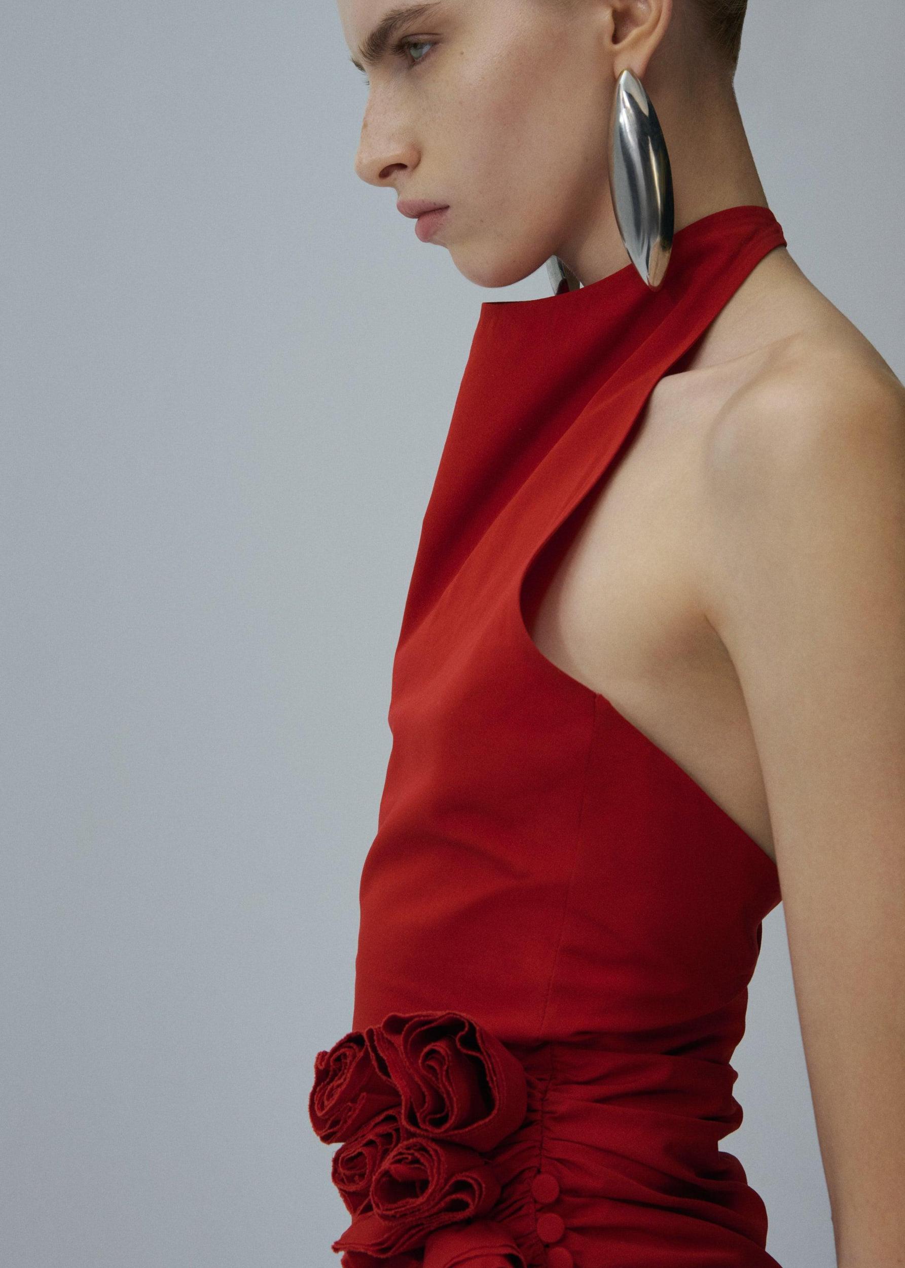 High neck floral applique midi dress in red Product Image