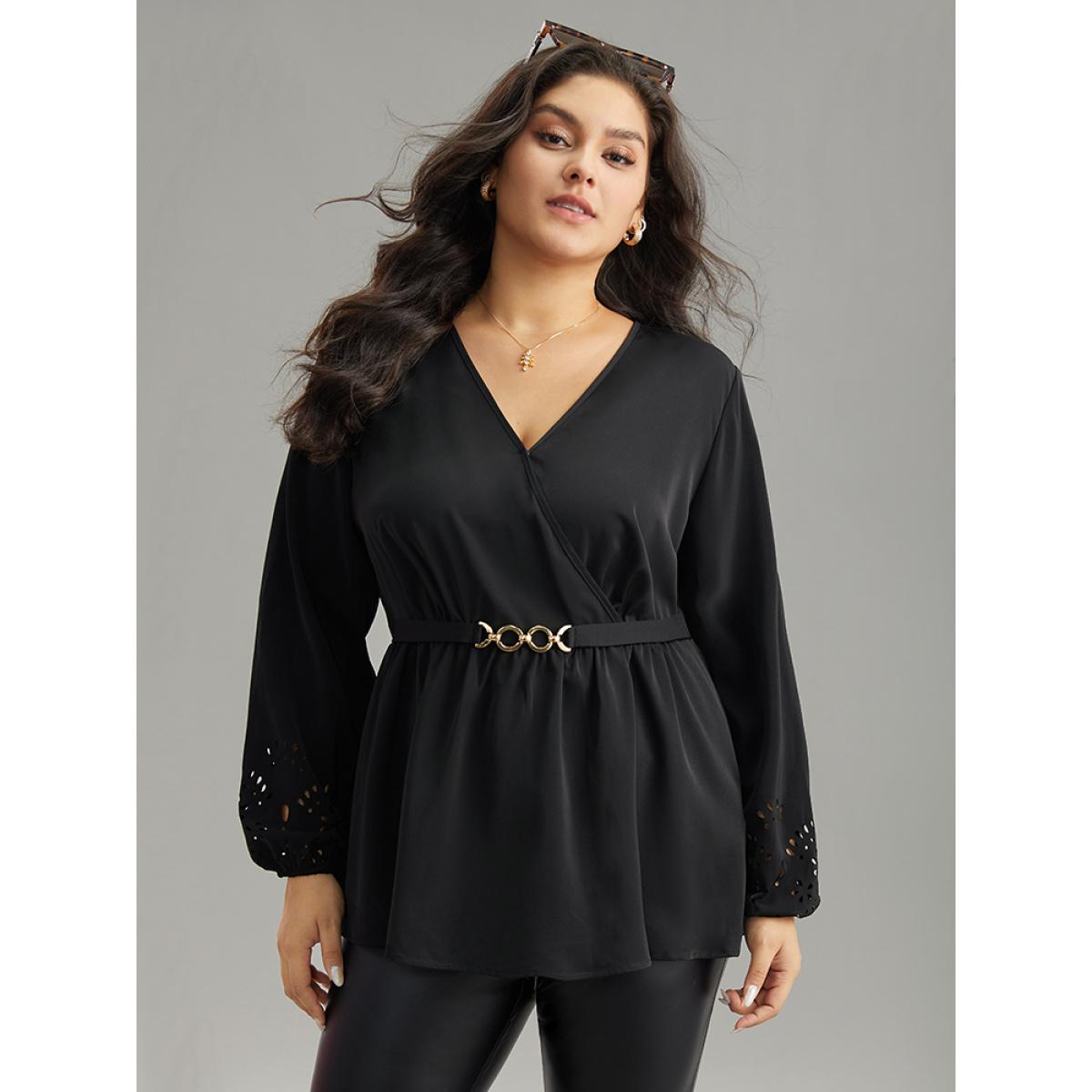 Plus Size Black Plain Elastic Waist Buckle Detail Wrap Blouse Women Office Long Sleeve V-neck Office Blouses BloomChic 14-16/1X Product Image
