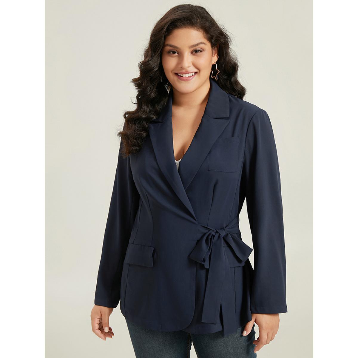 Plus Size Suit Collar Knot Pocket Blazer Indigo Women Dailywear Plain Plain Sleeve Long Sleeve Suit Collar 22-24/3X Pocket Casual Blazers BloomChic Product Image