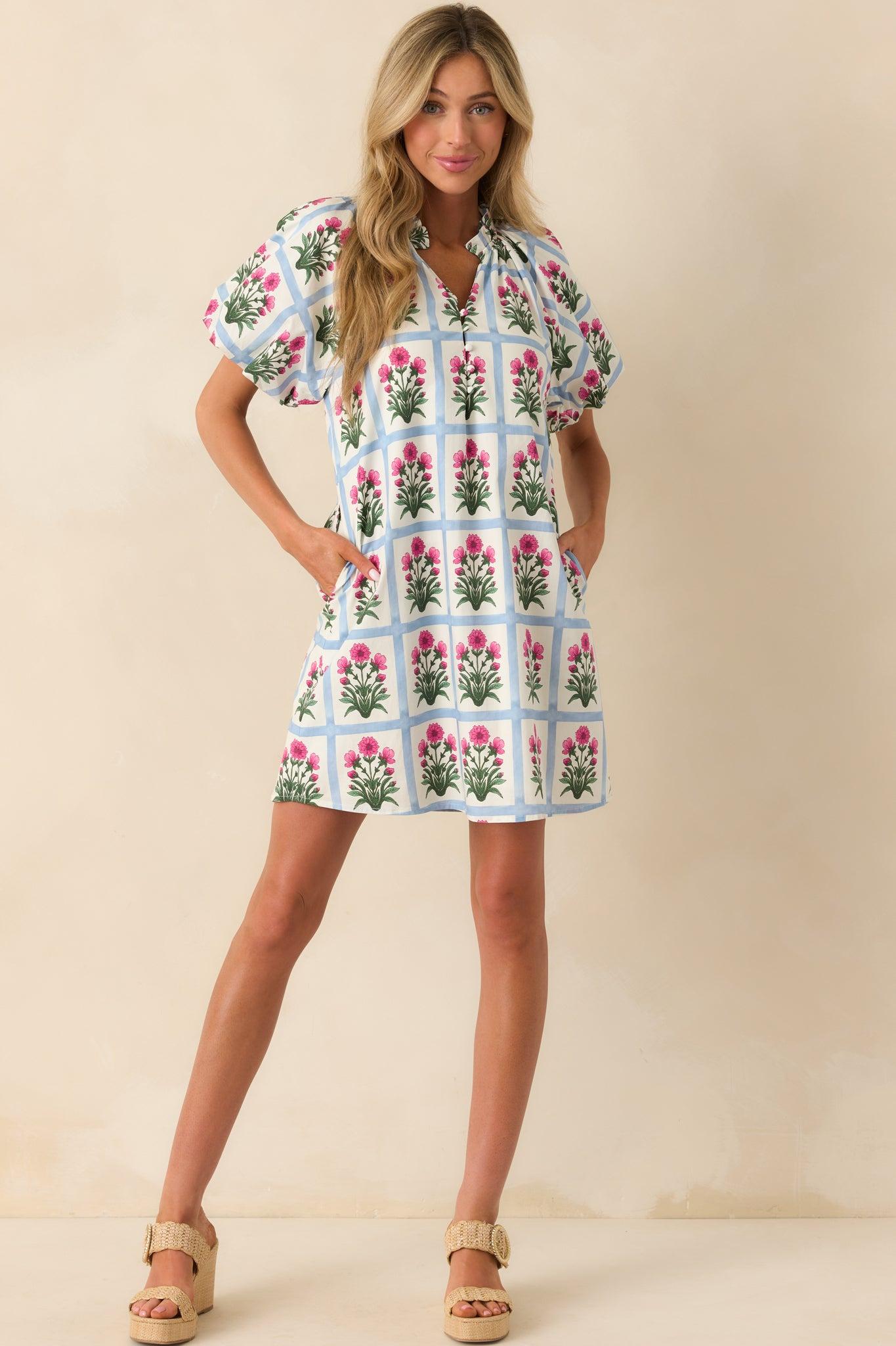 Staying Hopeful Dark Fuchsia Geometric Floral Print Cotton Mini Dress Product Image