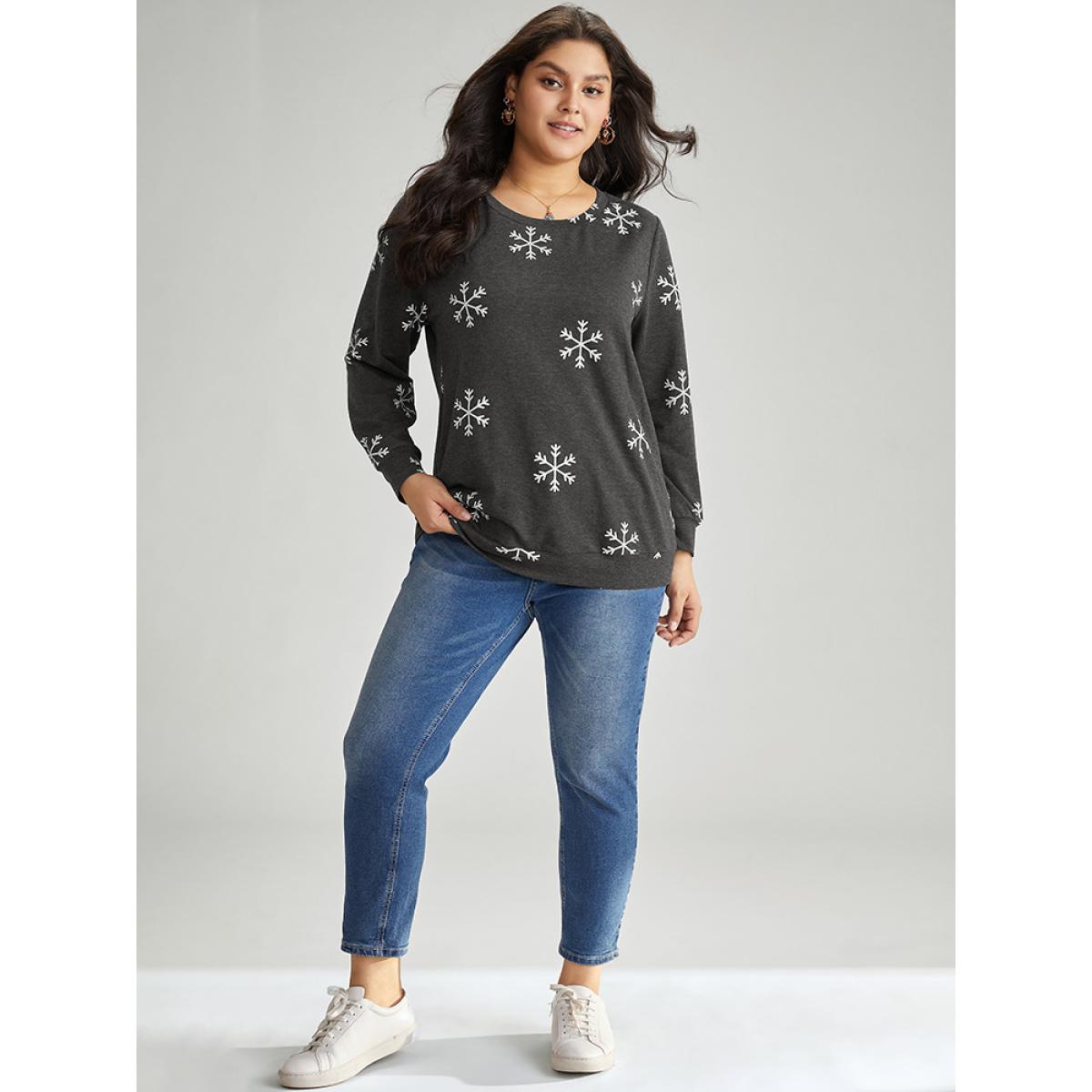 Plus Size Snowflake Print Round Neck Sweatshirt Women DimGray Casual Contrast Round Neck Festival-Christmas Sweatshirts BloomChic 28/5X Product Image