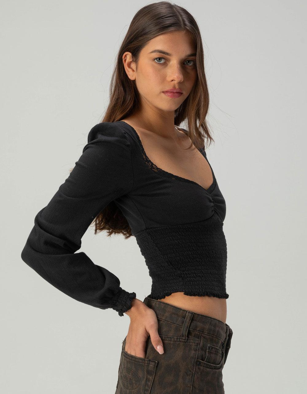 BDG Urban Outfitters Sydney Womens Smocked Long Sleeve Top - BLACK Product Image