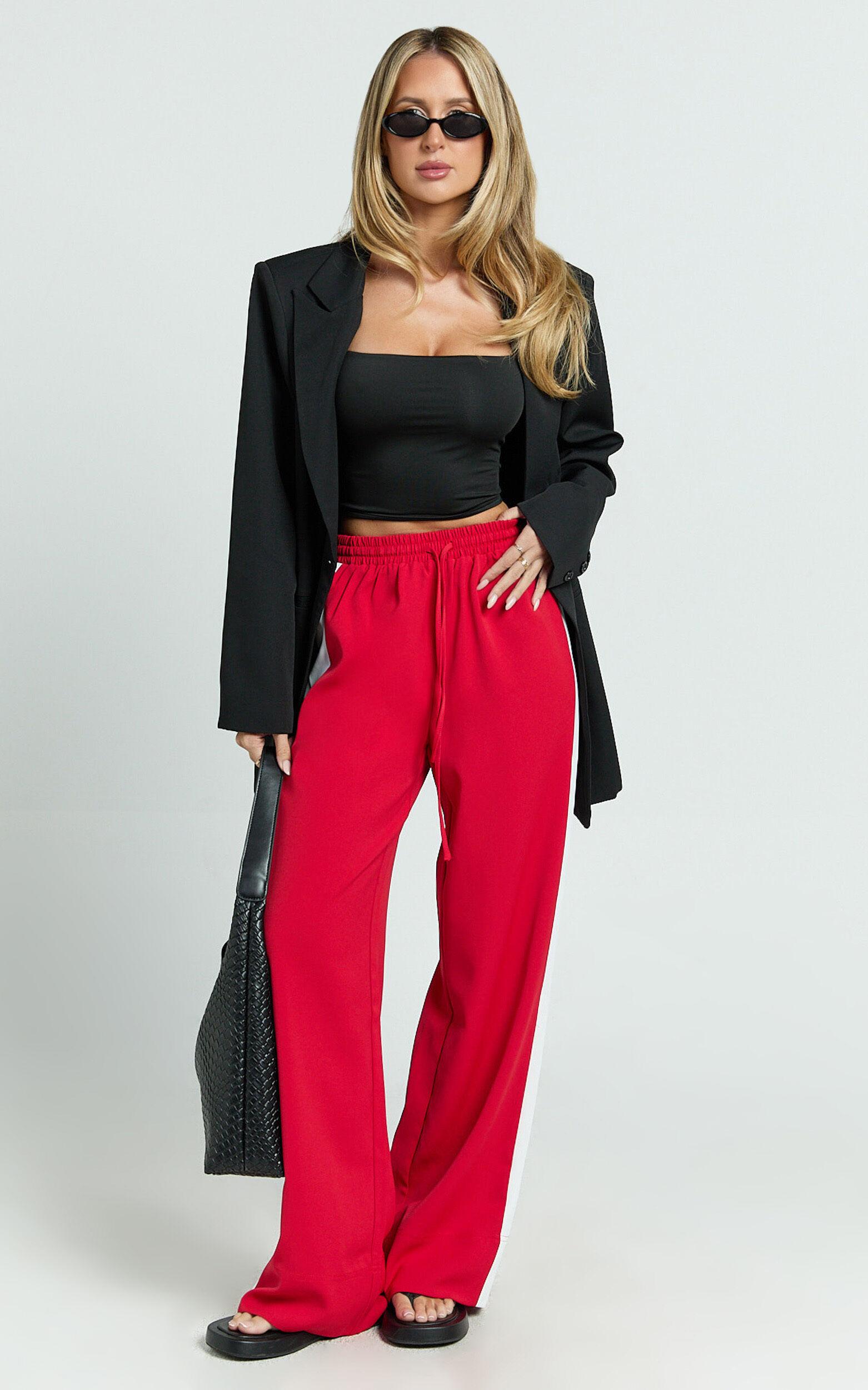 Davi Pants - Drawstring Waist Contrast Panel Tailored Pants in Red Product Image