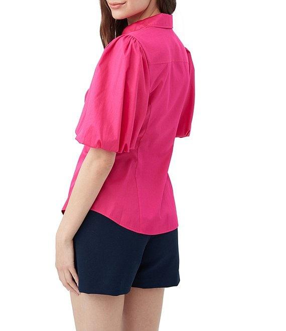 Trina Turk Kari Sateen Point Collar Short Puff Sleeve Button Down Top Product Image