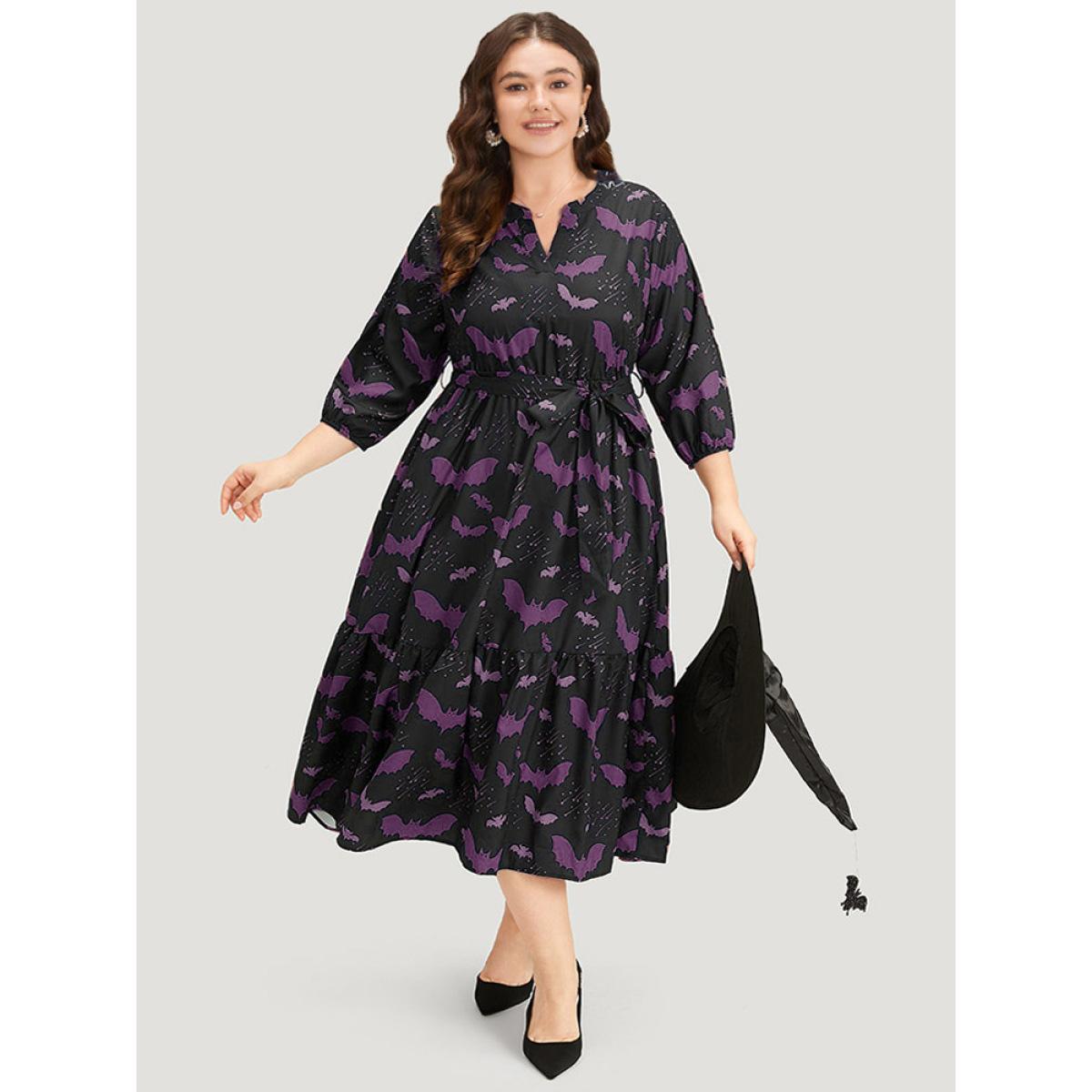 Plus Size Halloween Bat Print Notched Belted Pocket Dress Purple Women Office Elastic cuffs Notched collar Elbow-length sleeve Curvy Midi Dress BloomChic 14-16/1X Product Image