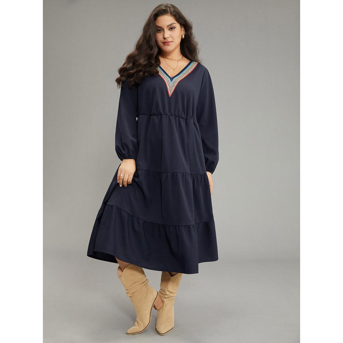 Plus Size Plain Contrast Webbing Elastic Waist Dress Midnight Women Casual Elastic cuffs V-neck Long Sleeve Curvy Midi Dress BloomChic 18-20/2X Product Image