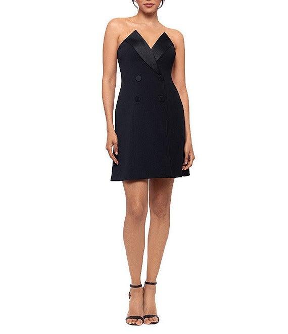 Betsy & Adam Scuba Crepe Lamour Pointed V-Neck Strapless Tuxedo Mini Dress Product Image