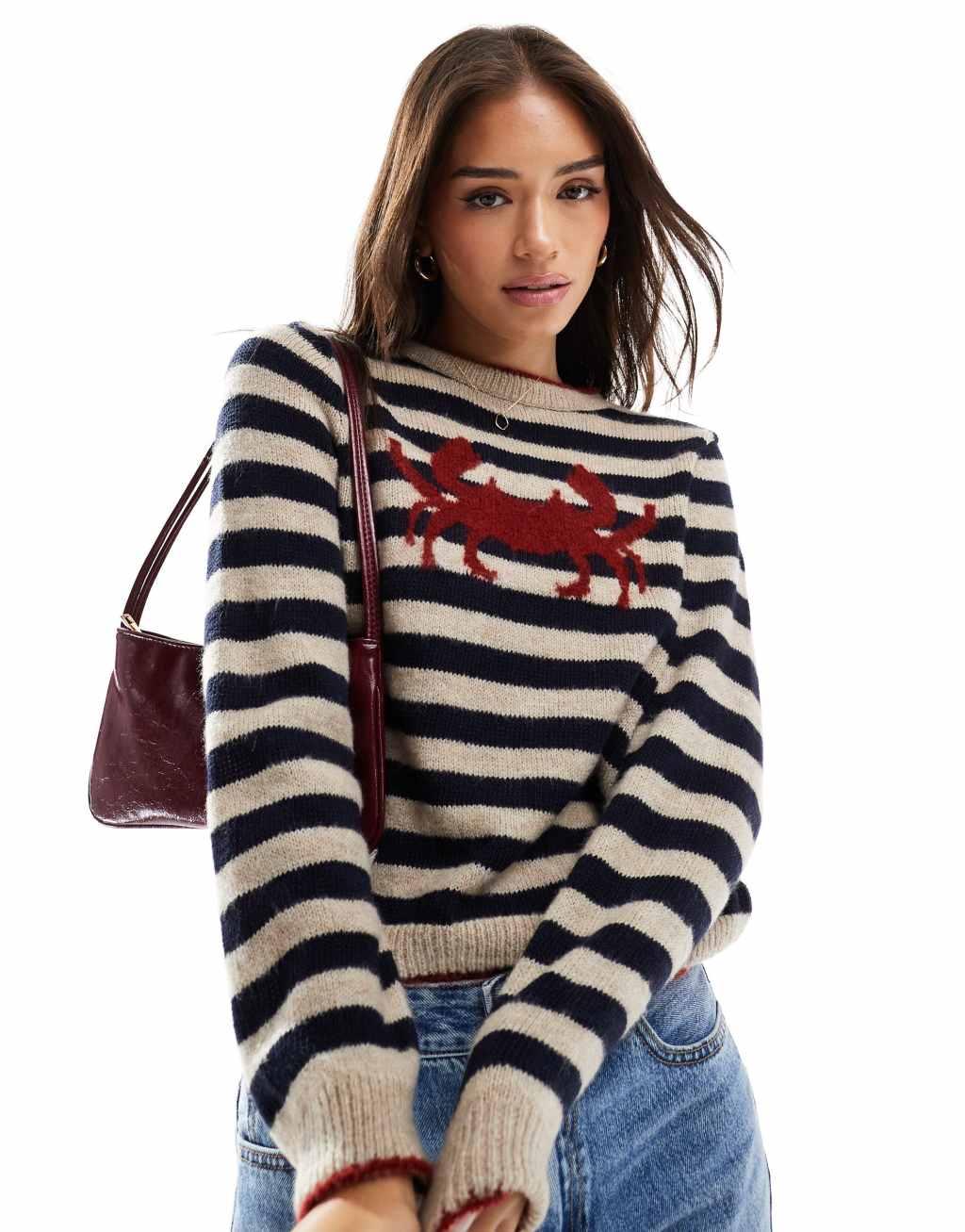 ASOS DESIGN knit oversized sweater with crab in blue stripe Product Image