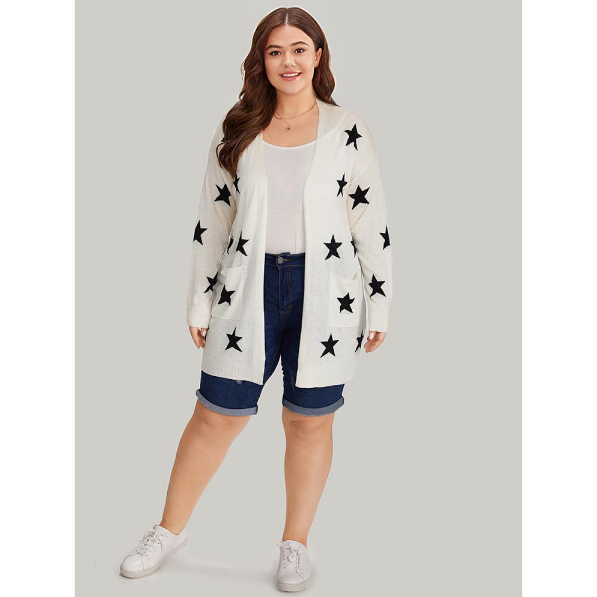 Plus Size Supersoft Essentials Star Print Pocket Open Front Cardigan Beige Women Casual Loose Long Sleeve Dailywear Cardigans BloomChic 22-24/3X Product Image