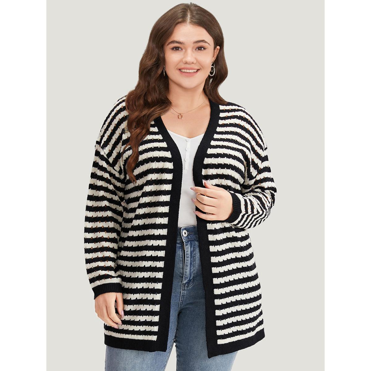 Plus Size Striped Geo Eyelet Drop Shoulder Cardigan Black Women Casual Loose Long Sleeve Dailywear Cardigans BloomChic 22-24/3X Product Image