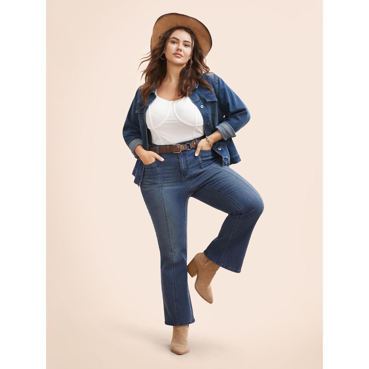 Women Stretch Denim Pockets Slim-Fit Jacket Midblue Plus Size Button Everyday Slanted pocket Casual Denim Jackets BloomChic 10/M Product Image