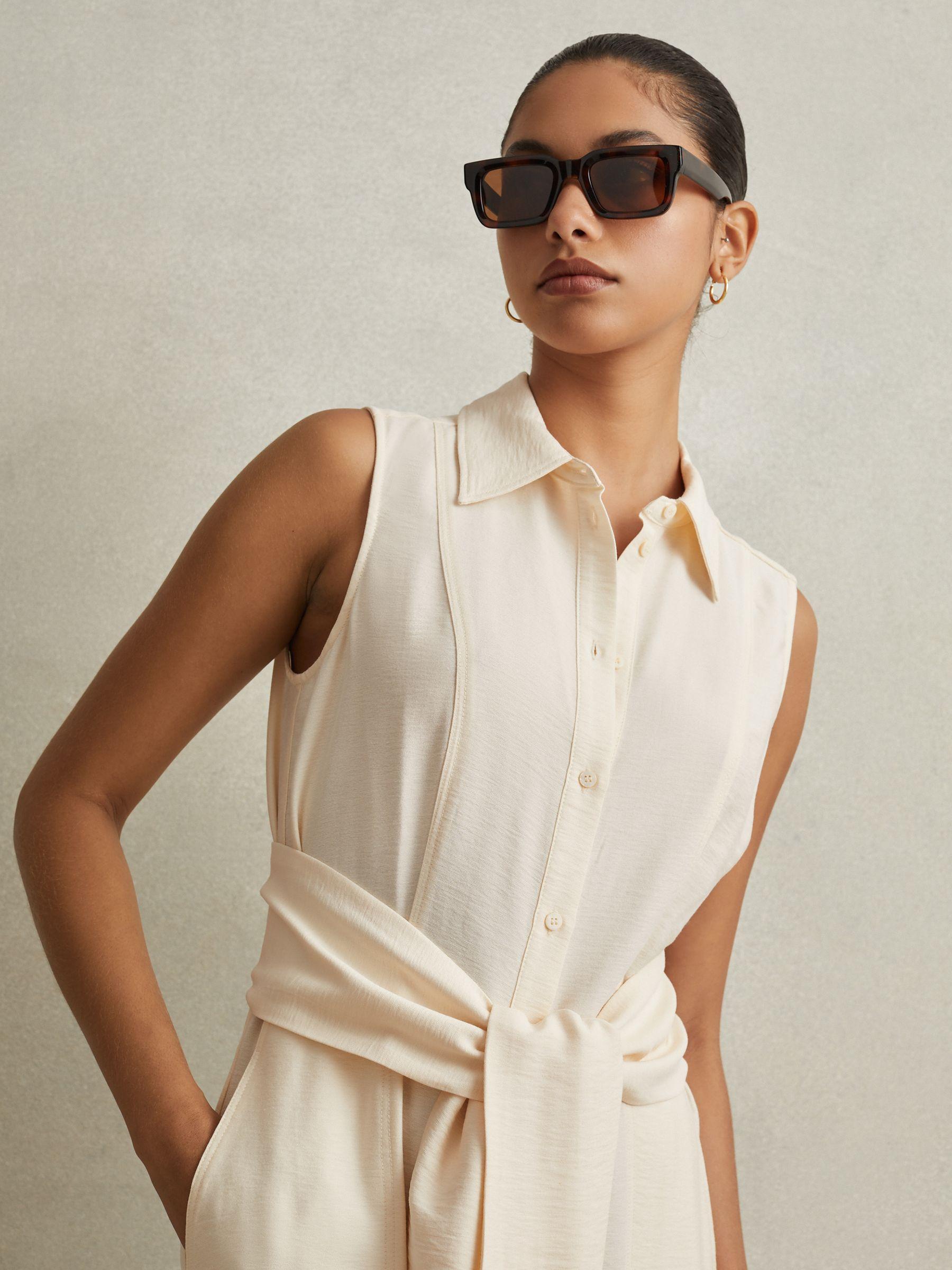 Viscose Blend Belted Shirt Dress in Cream Product Image