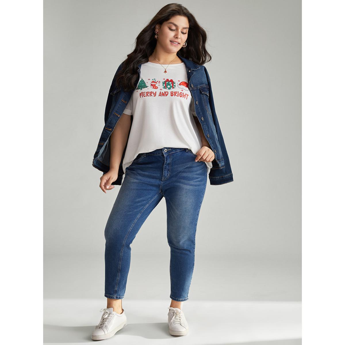 Plus Size Christmas Print Round Neck T-shirt White Women Casual Printed Christmas Festival-Christmas T-shirts BloomChic 14-16/1X Product Image