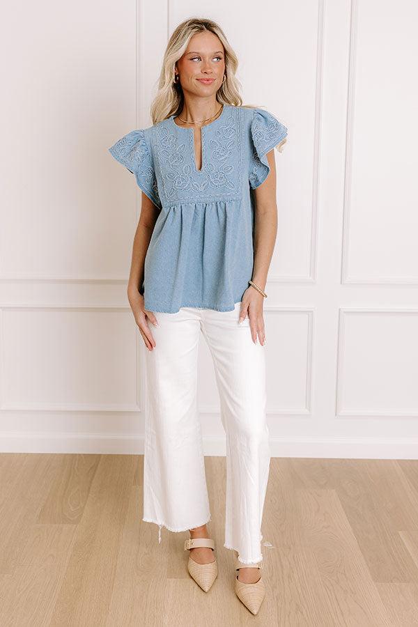 Farmers Market Cutie Embroidered Chambray Top in Light Wash Product Image