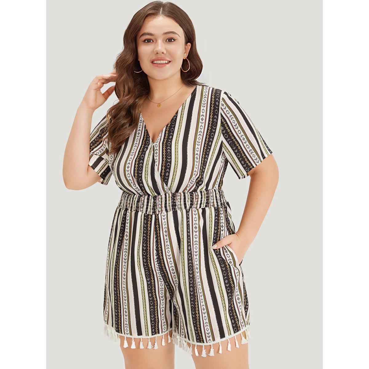 Plus Size Multicolor Boho Print Shirred Cut Out Tassel Trim Romper Women Elegant Short sleeve V-neck Dailywear Loose Jumpsuits BloomChic 30/6X Product Image
