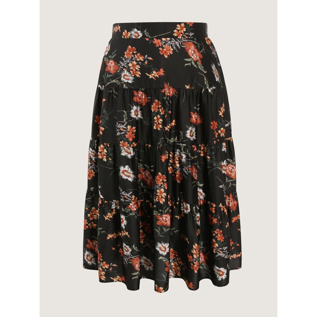 Plus Size Floral Layered Stretchy Waistband Maxi Skirt Women Black Romantic Gathered No stretch Side seam pocket Elegant Skirts BloomChic 10/M Product Image