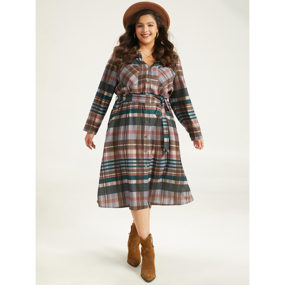 Plus Size Plaid Button Through Patched Pocket Dress Black Women Casual Belted Notched collar Long Sleeve Curvy Midi Dress BloomChic 12/L Product Image
