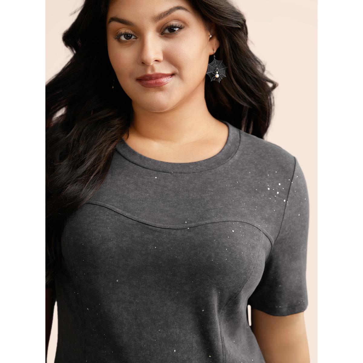 Plus Size Gleaming Textured Sequin Slim-Fit T-shirt Acidwashblack Women Casual Non Round Neck Everyday T-shirts BloomChic 14-16/1X Product Image