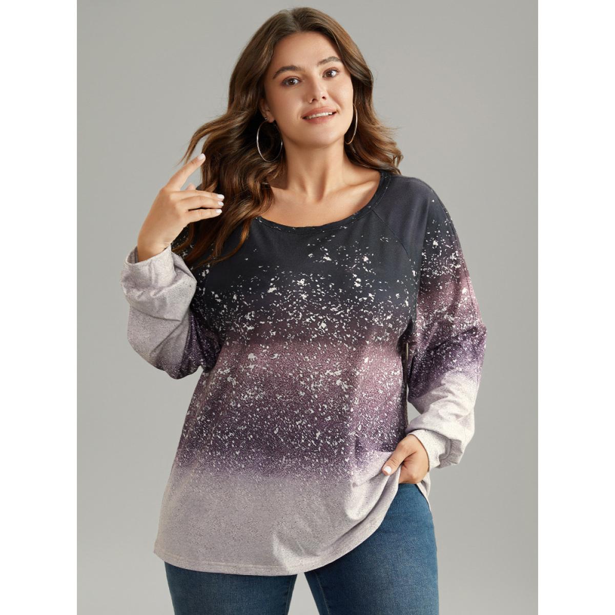 Plus Size Ombre Raglan Sleeve Contrast T-shirt Multicolor Women Casual Elastic cuffs Colorblock Round Neck Everyday T-shirts BloomChic 22-24/3X Product Image