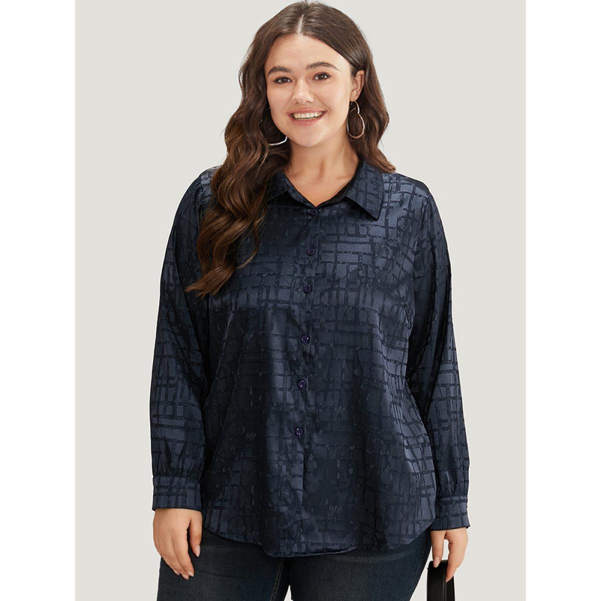 Plus Size Indigo Plisse Satin Button Up Curved Hem Blouse Women Office Long Sleeve Shirt collar Office Blouses BloomChic 30/6X Product Image