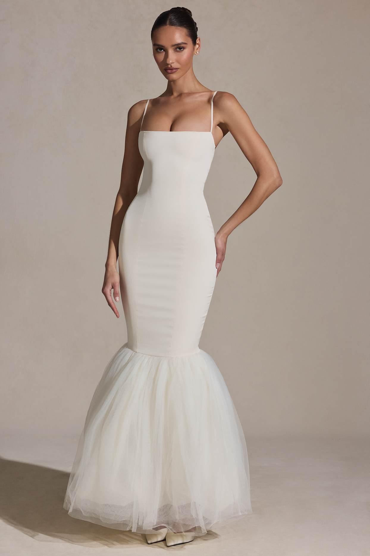Tulle Hem Fishtail Gown in Ivory Product Image