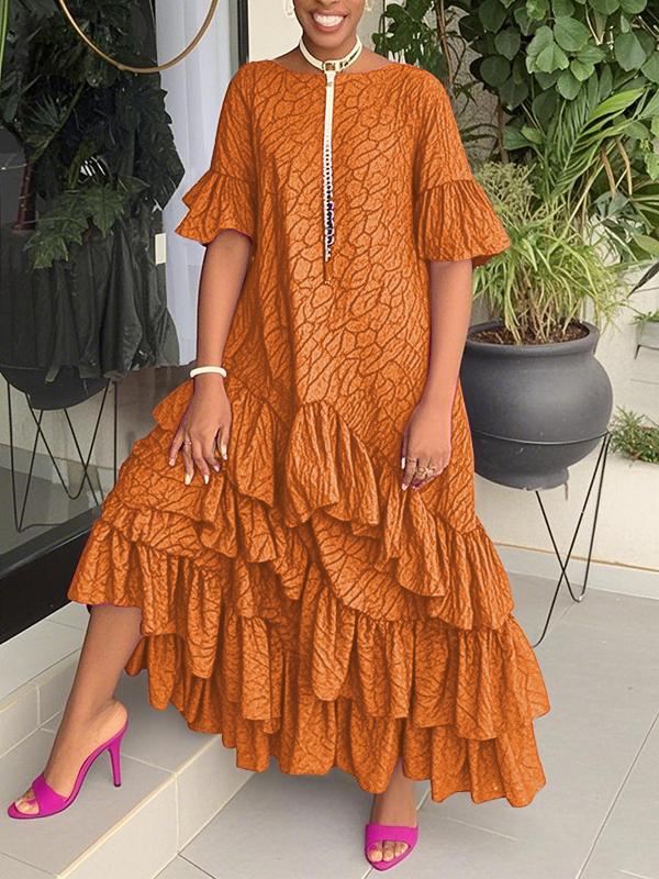 Flared Sleeves Half Sleeves Asymmetric Layered Pleated Printed Ruffle Trim Round-Neck Maxi Dresses Product Image